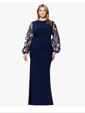 Betsy & Adam NWT 14W Navy Blue Lace Sleeve Ruched Formal Gown $259